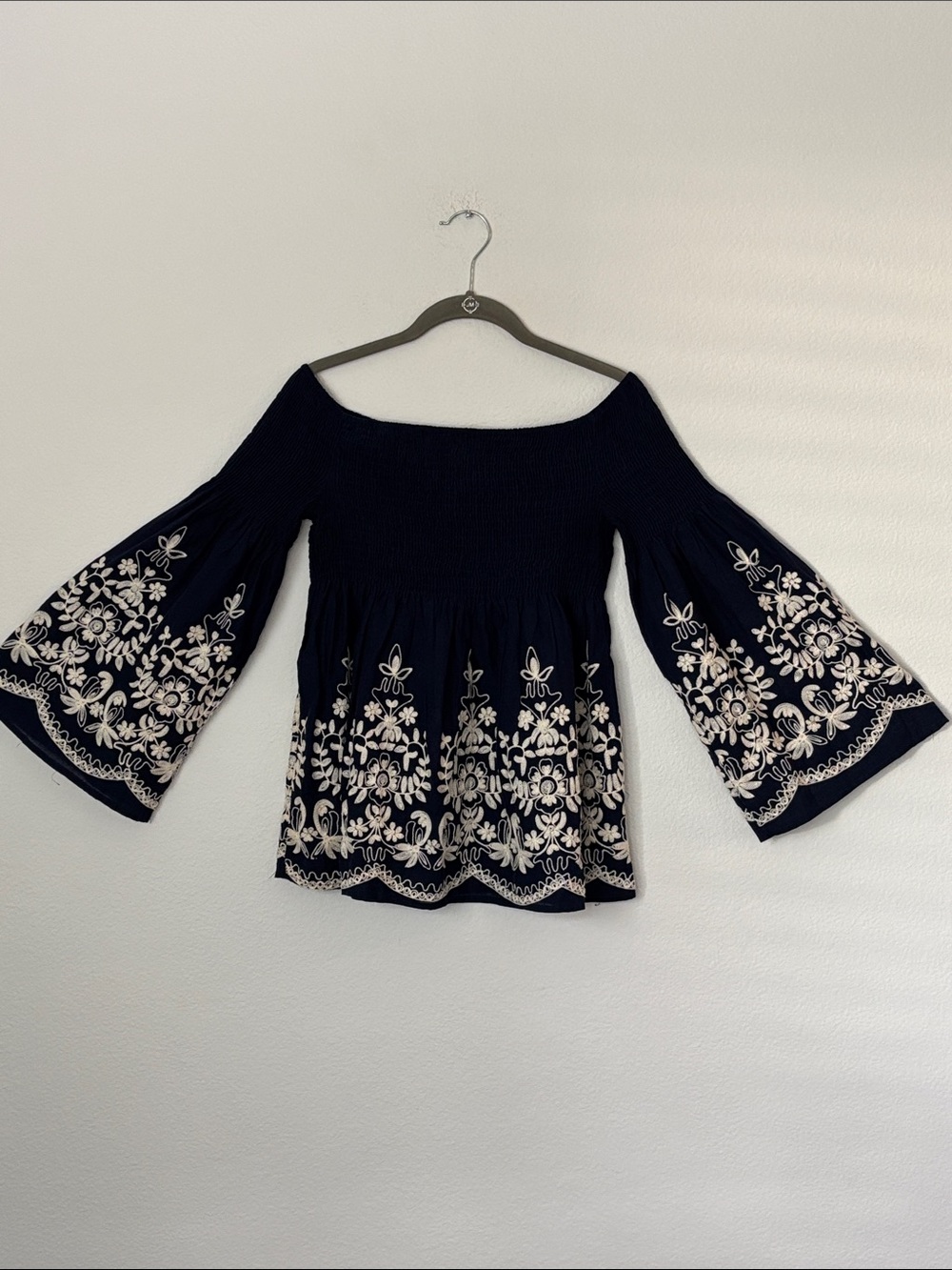 Flying Tomato Navy Blue Bell Sleeve Embroidered Long Sleeve Top